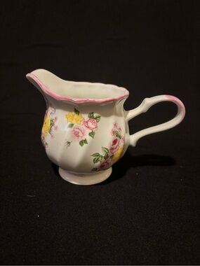 Floral Ceramic Creamer. Pink and Yellow Flowers